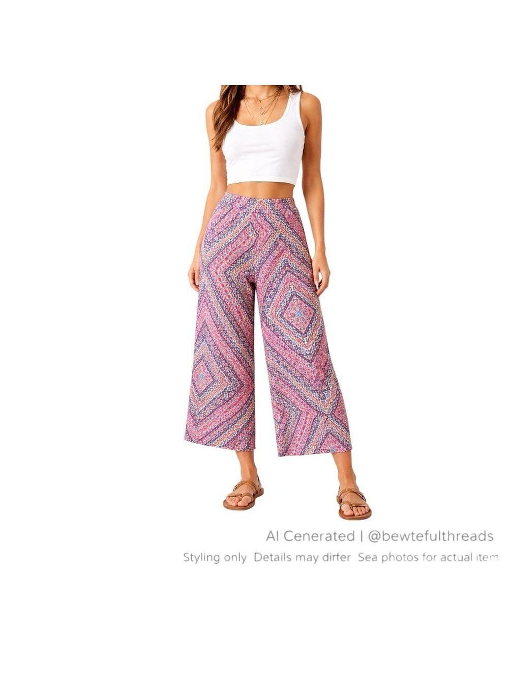 Boho Mosaic Print Palazzo Pants Festival Resort Wide Leg Cropped US